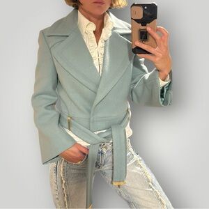 🎁 Diane Von Furstenberg teal blue wool biker jacket with belt 6 S M